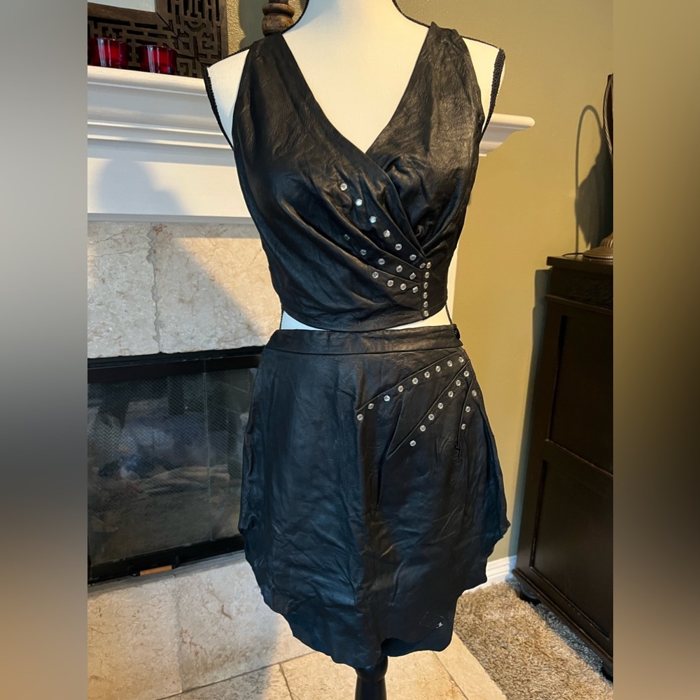 Custom made black leather 2-piece skirt/crop top with rhinestone trim, Sz. Small